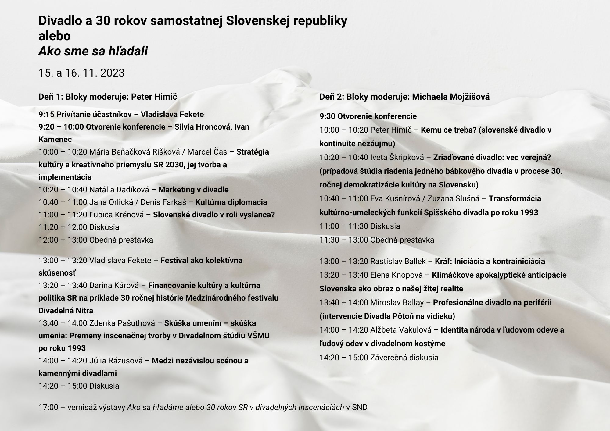 Program konferencie Divadlo a 30 rokov samostatnej Slovenskej republiky alebo Ako sme sa hľadali